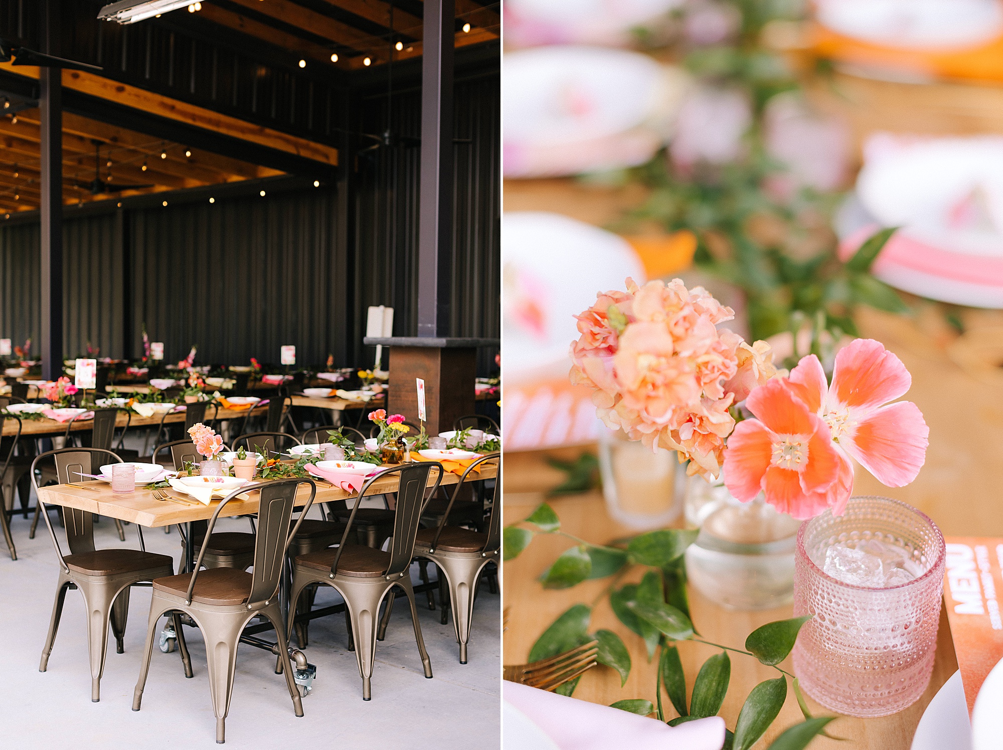 wedding reception details with bright flowers at The Meadows Raleigh