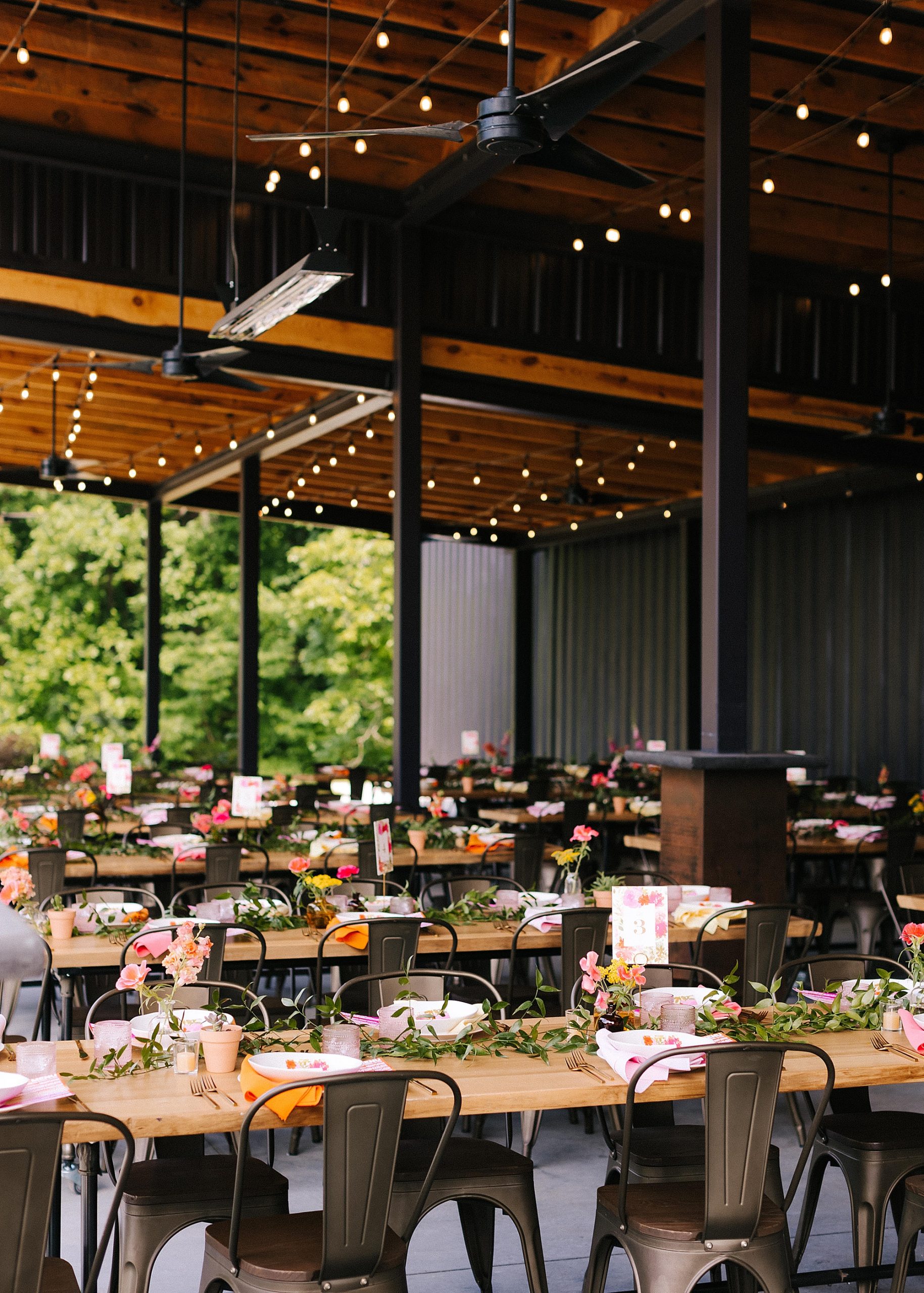 reception setup with bright centerpieces at The Meadows Raleigh