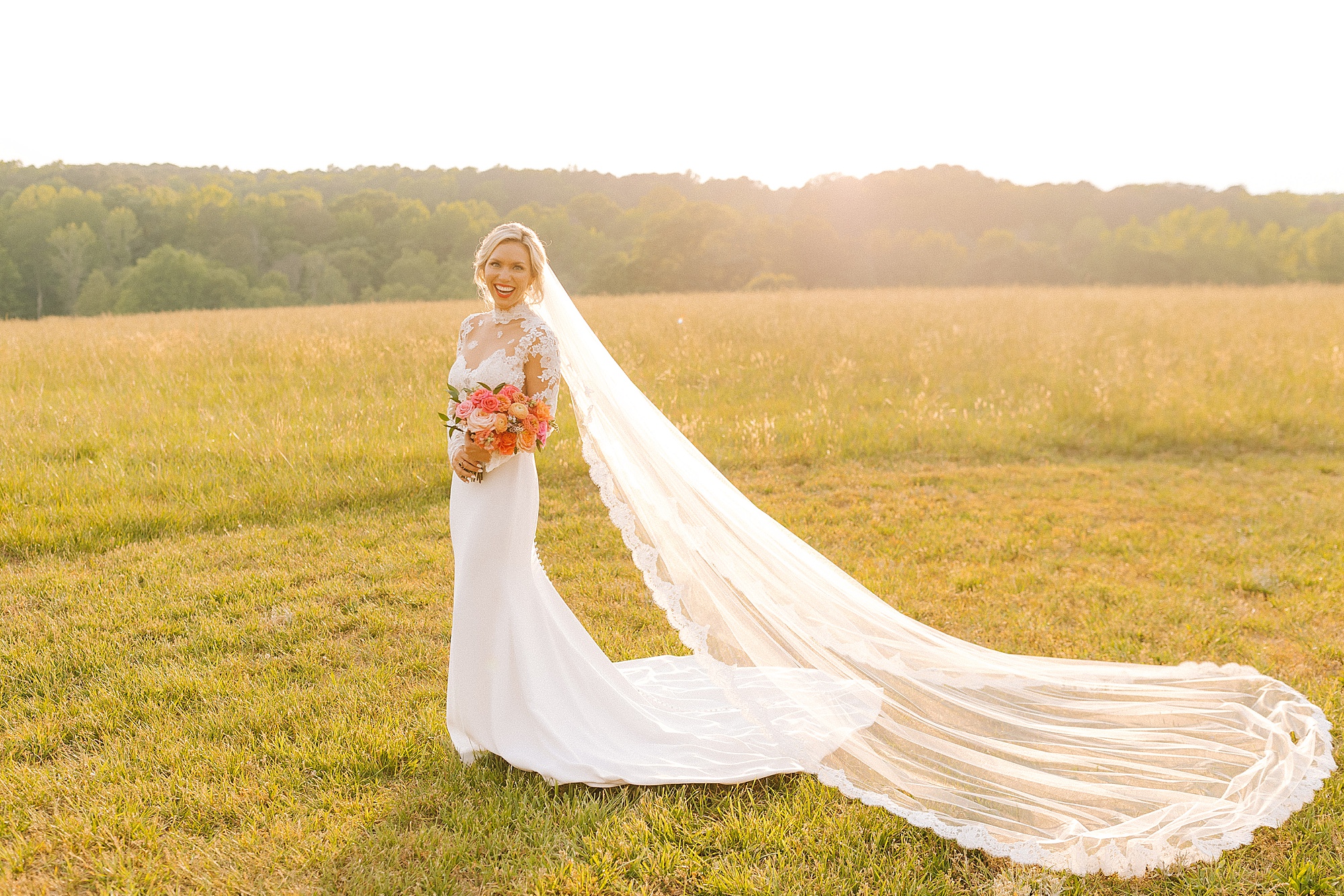 bridal portrait at sunset in field in Raleigh NC