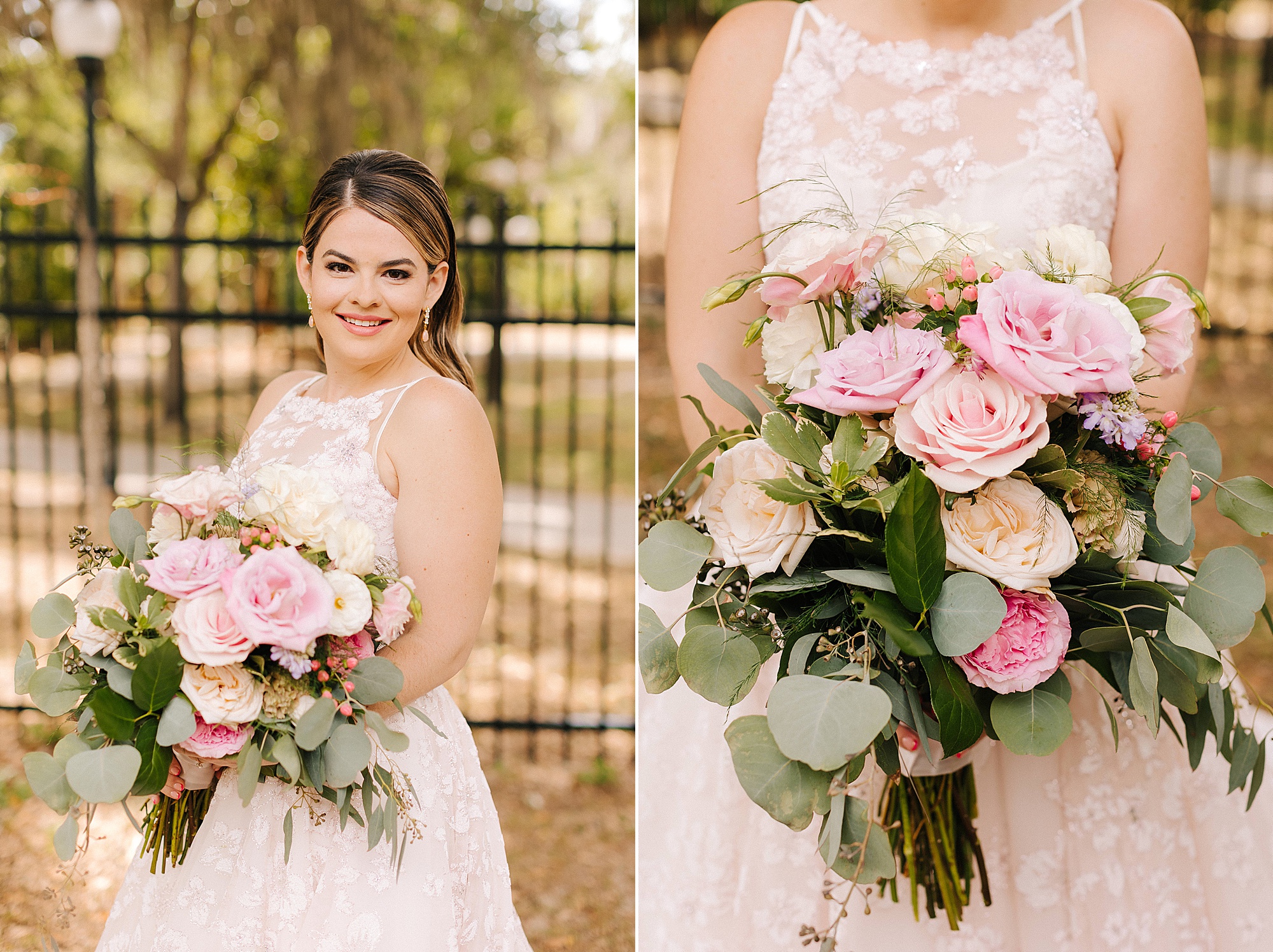 bride holds bouquet of pink and peach roses