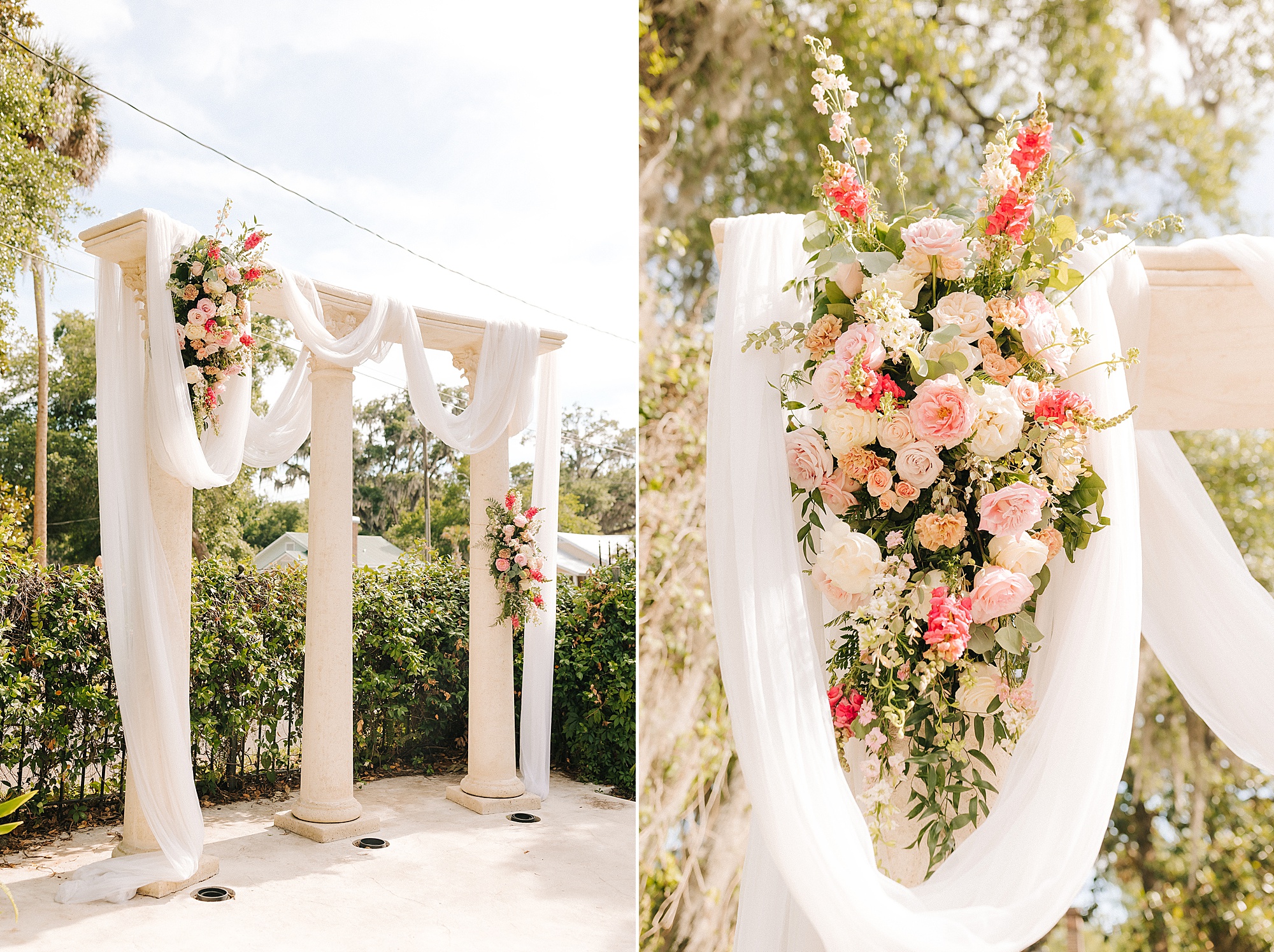 white arbor with floral bouquet for outdoor wedding ceremony in Florida