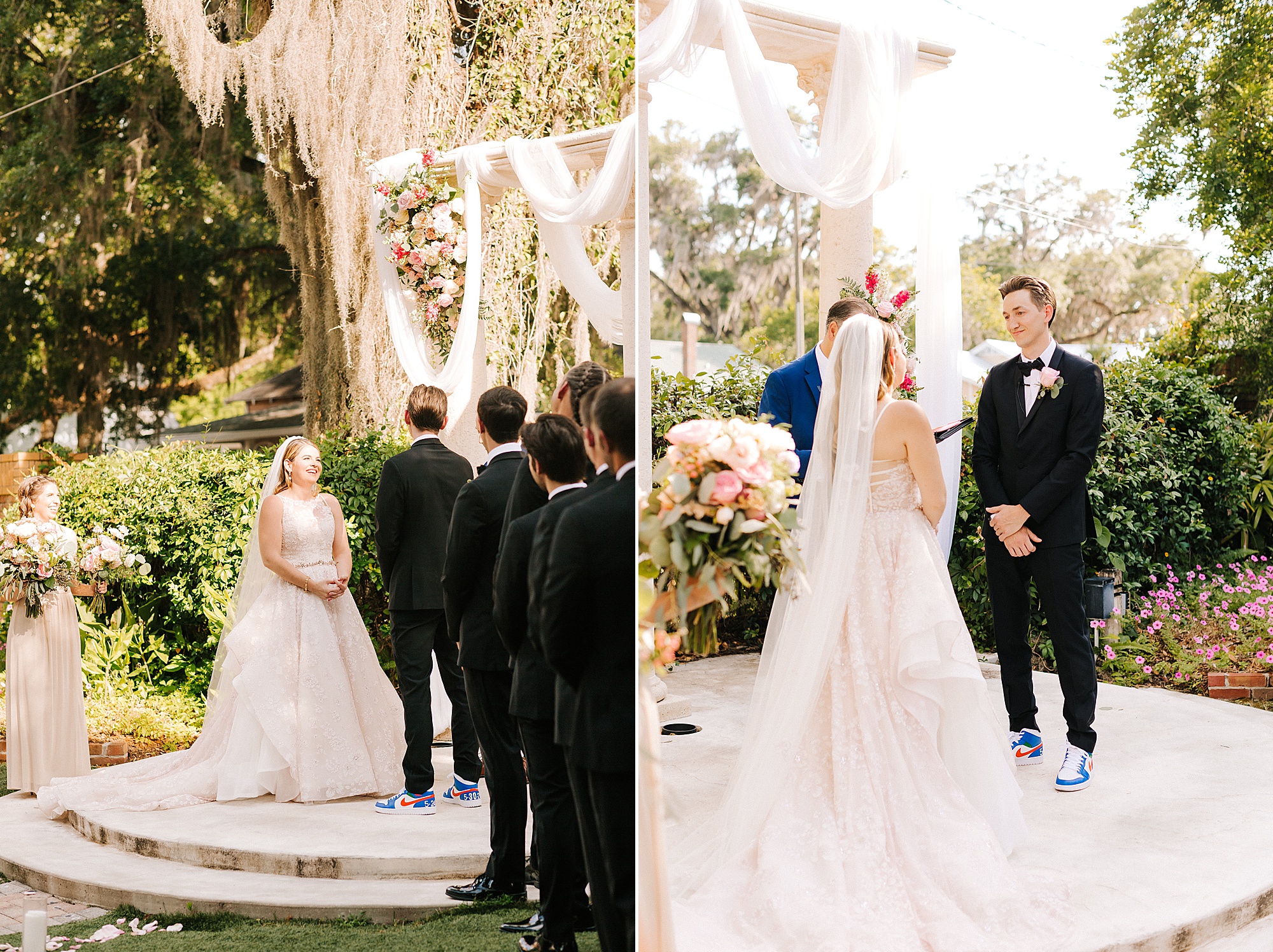 outdoor wedding ceremony in Florida under arbor with draped white cloth