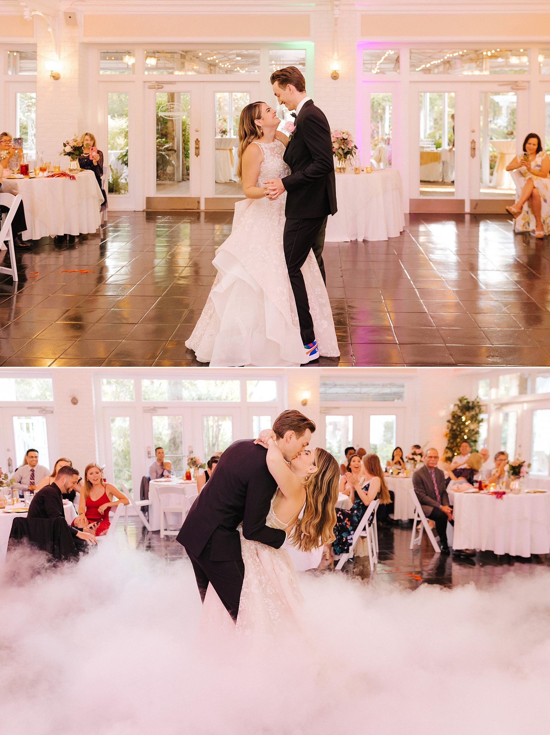 couple kisses on dance floor during fog
