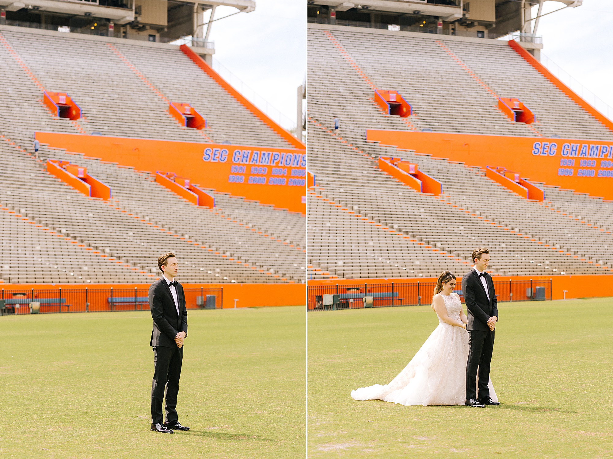 groom waits for bride for first look at University of Florida