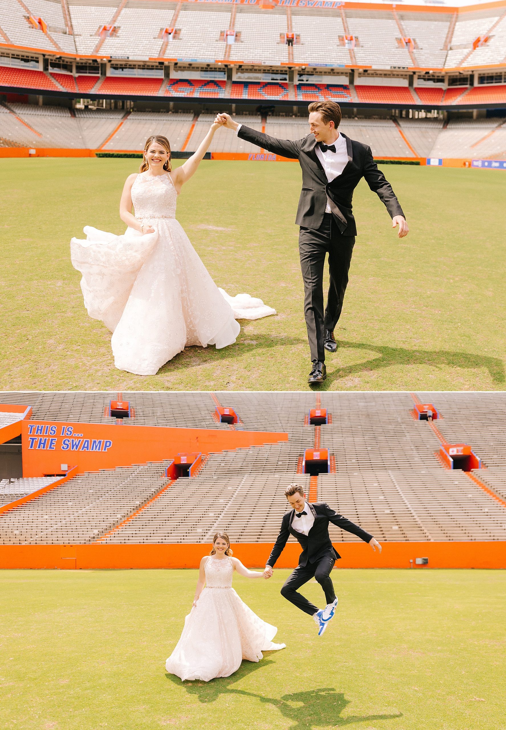 bride and groom walk through football field at University of Florida