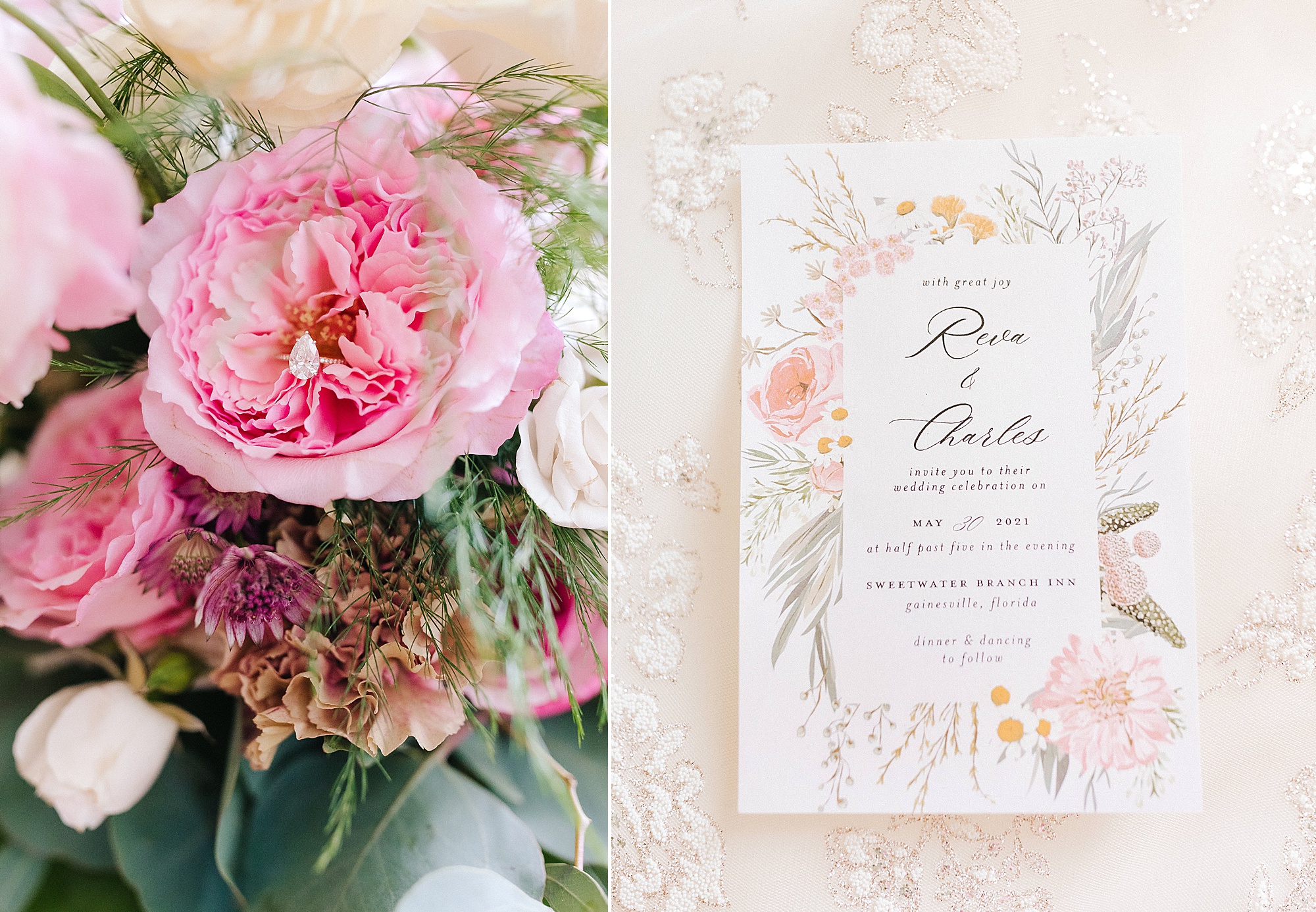 bright invitation and flowers for Gainesville FL wedding