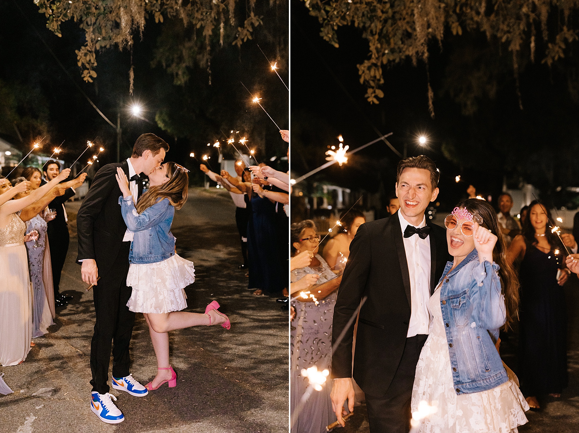 married couple kisses during sparkler exit