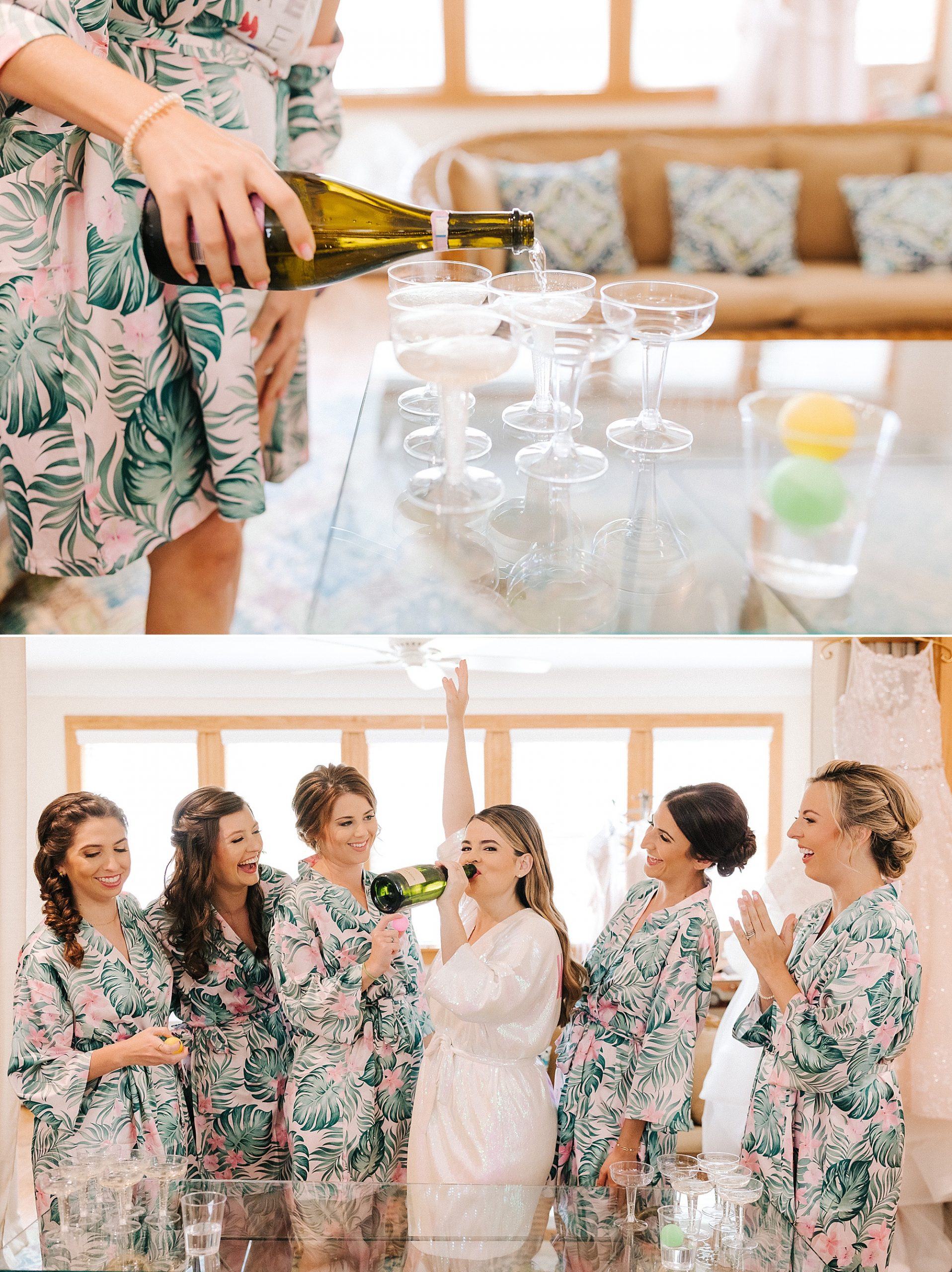 bride drinks champagne with bridesmaids 