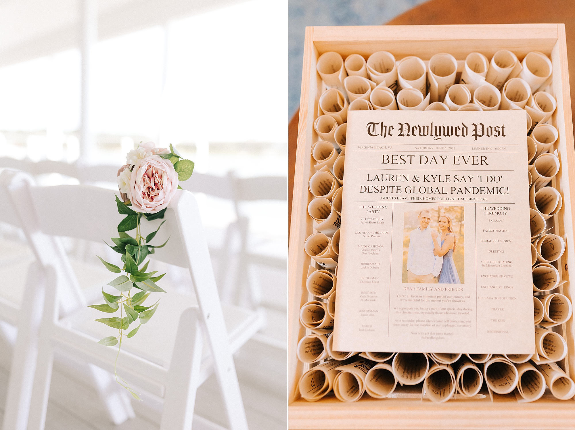seats with pink flowers and programs for waterfront wedding ceremony in Virginia Beach