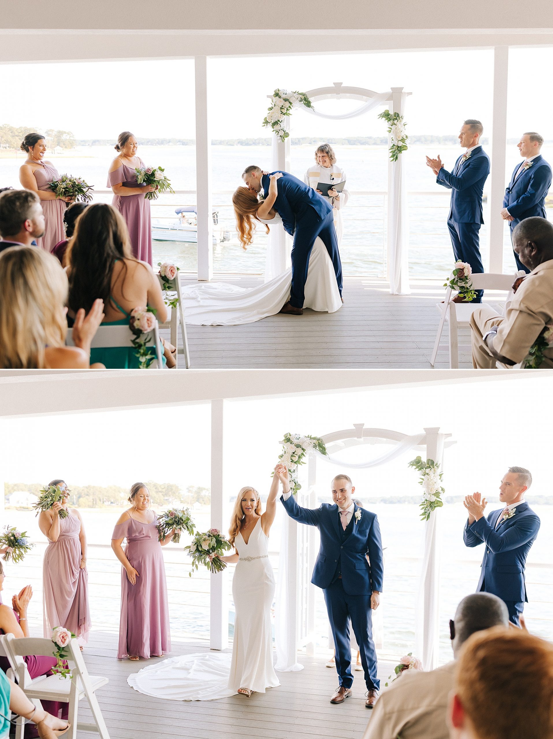 groom dips bride kissing her after waterfront wedding ceremony in Virginia Beach