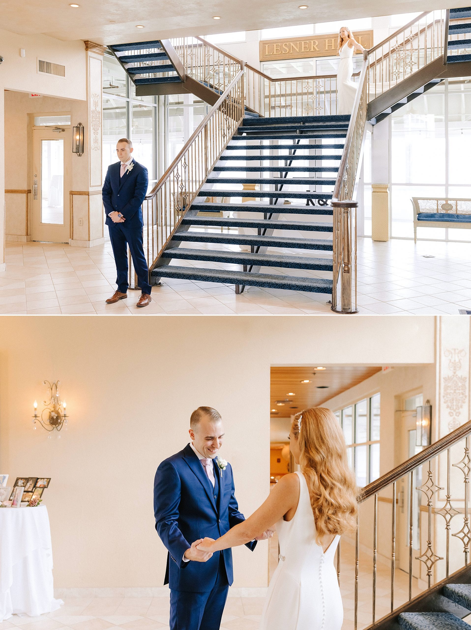 bride walks down staircase at Lesner Inn for first look