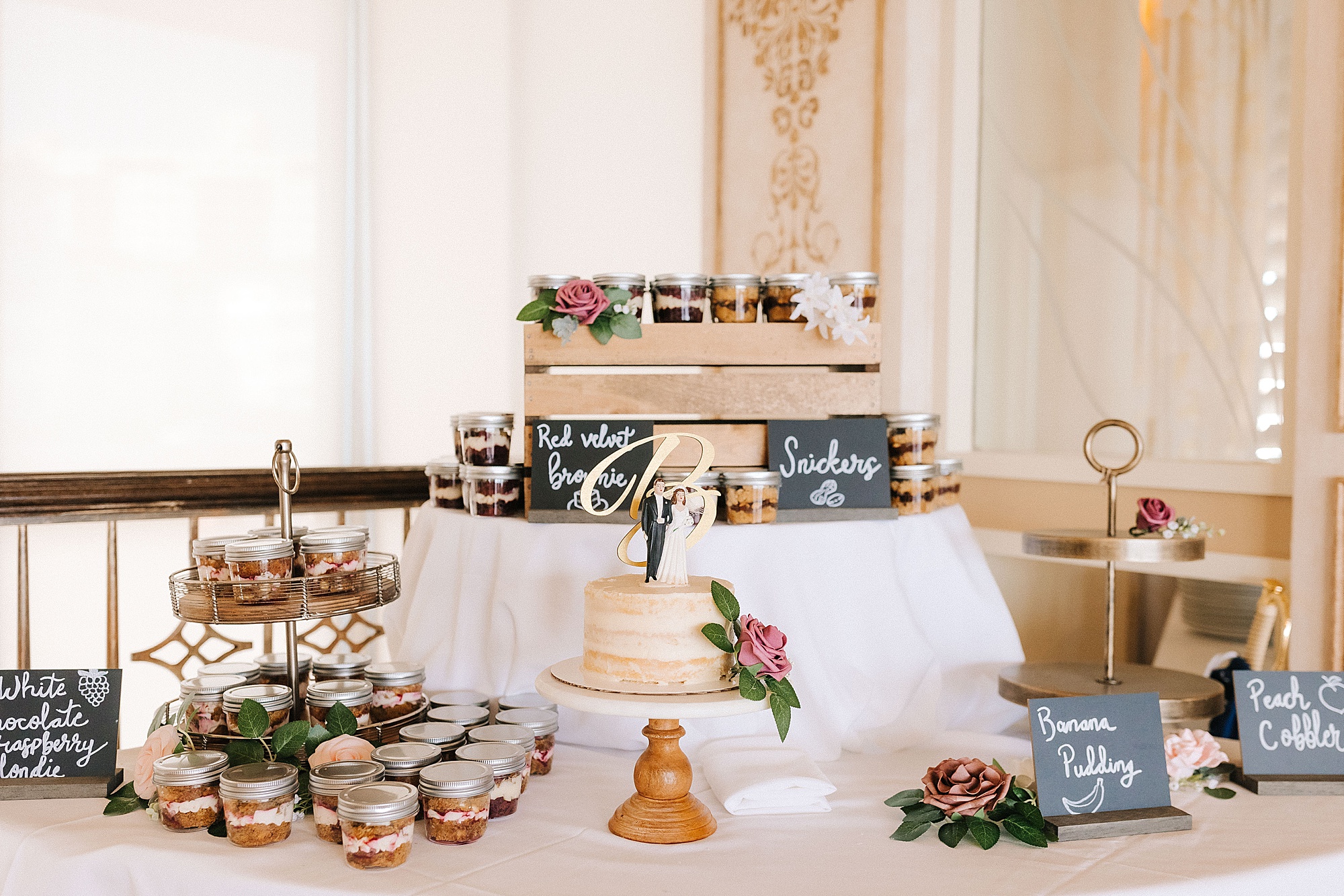 cake and dessert display for Lesner Inn wedding reception