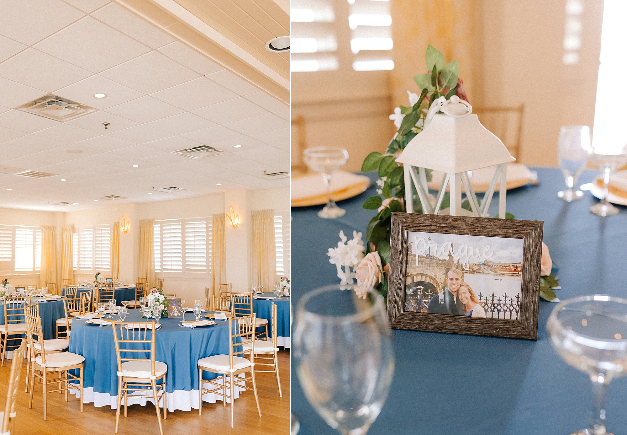 blue and white place settings for Virginia Beach wedding reception
