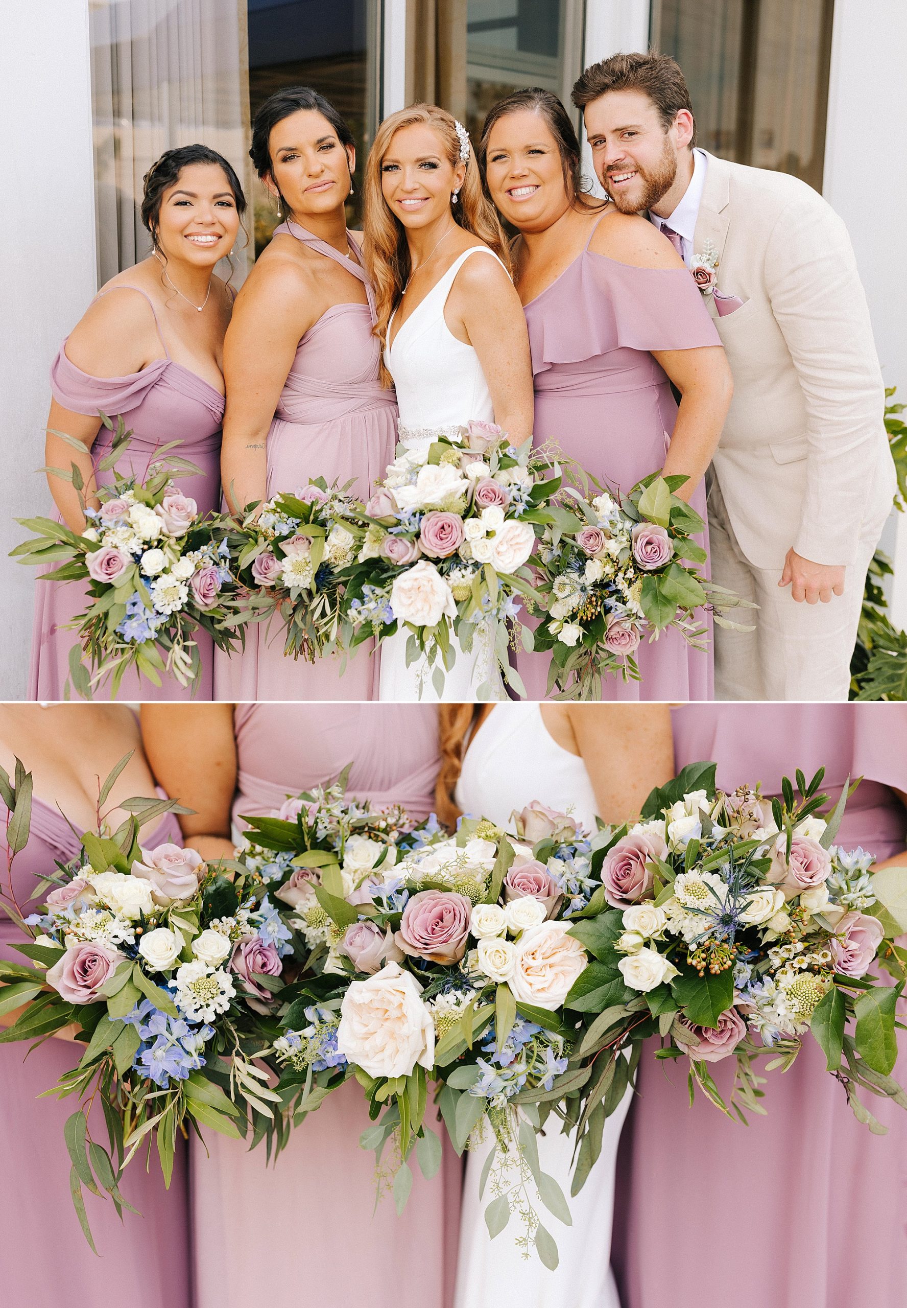 bride and bridesmaids hold bouquets of pink and blue flowers