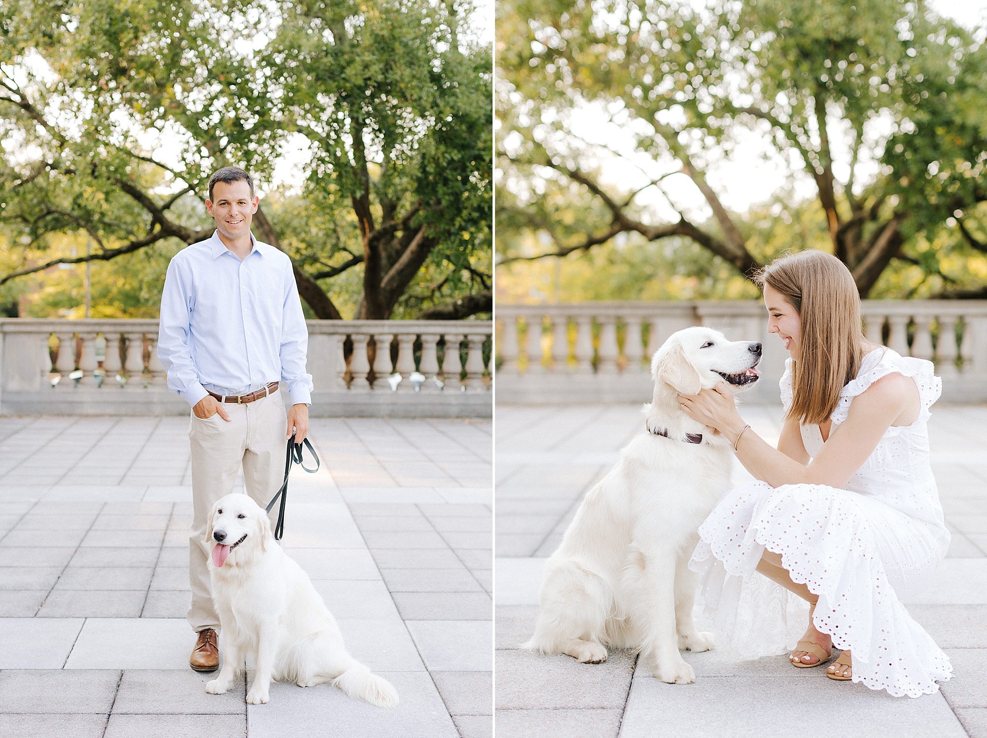 bride and groom pose with white dog during engagement photos
