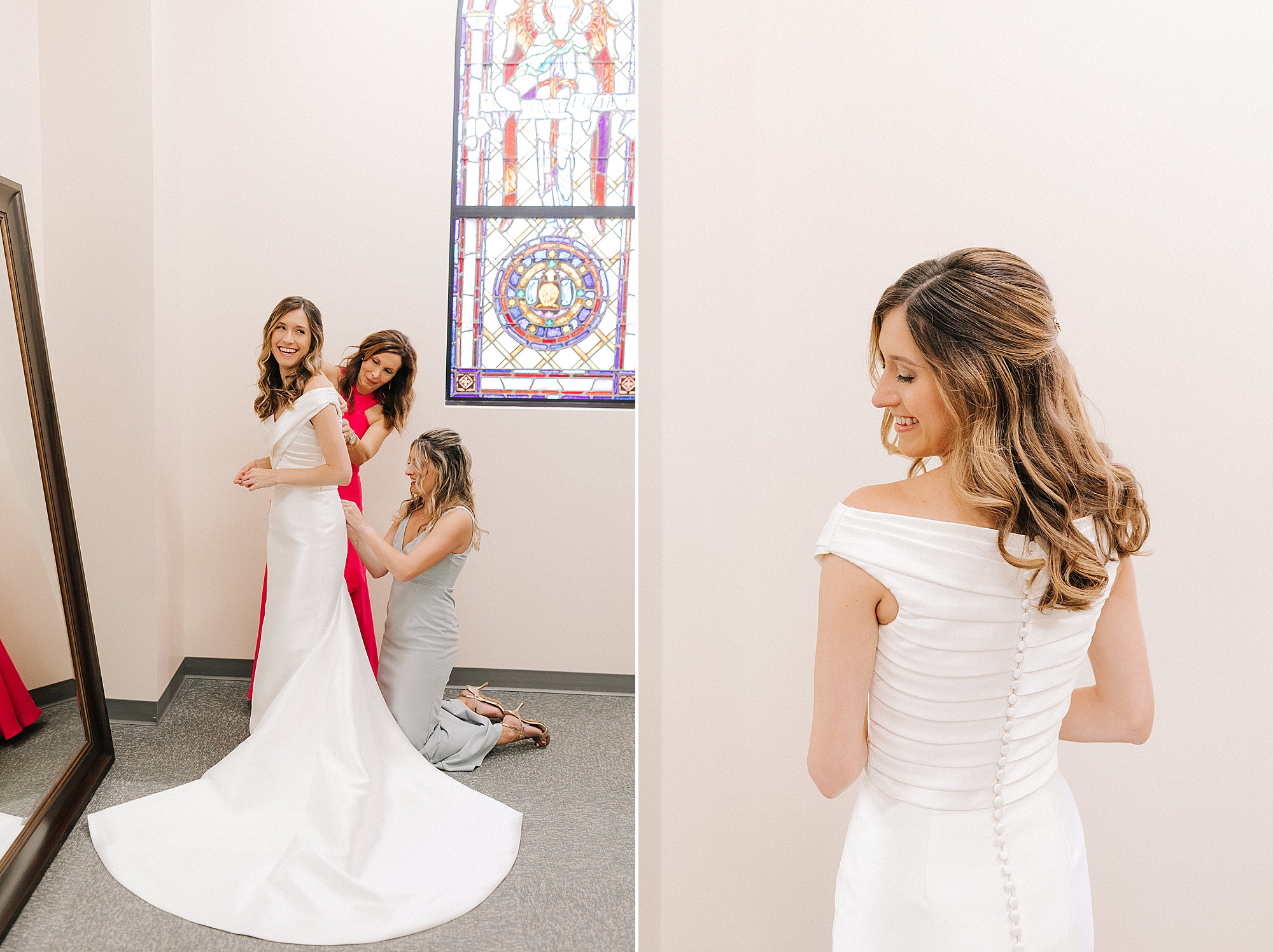 mom and sister help bride with gown in church for Raleigh NC wedding