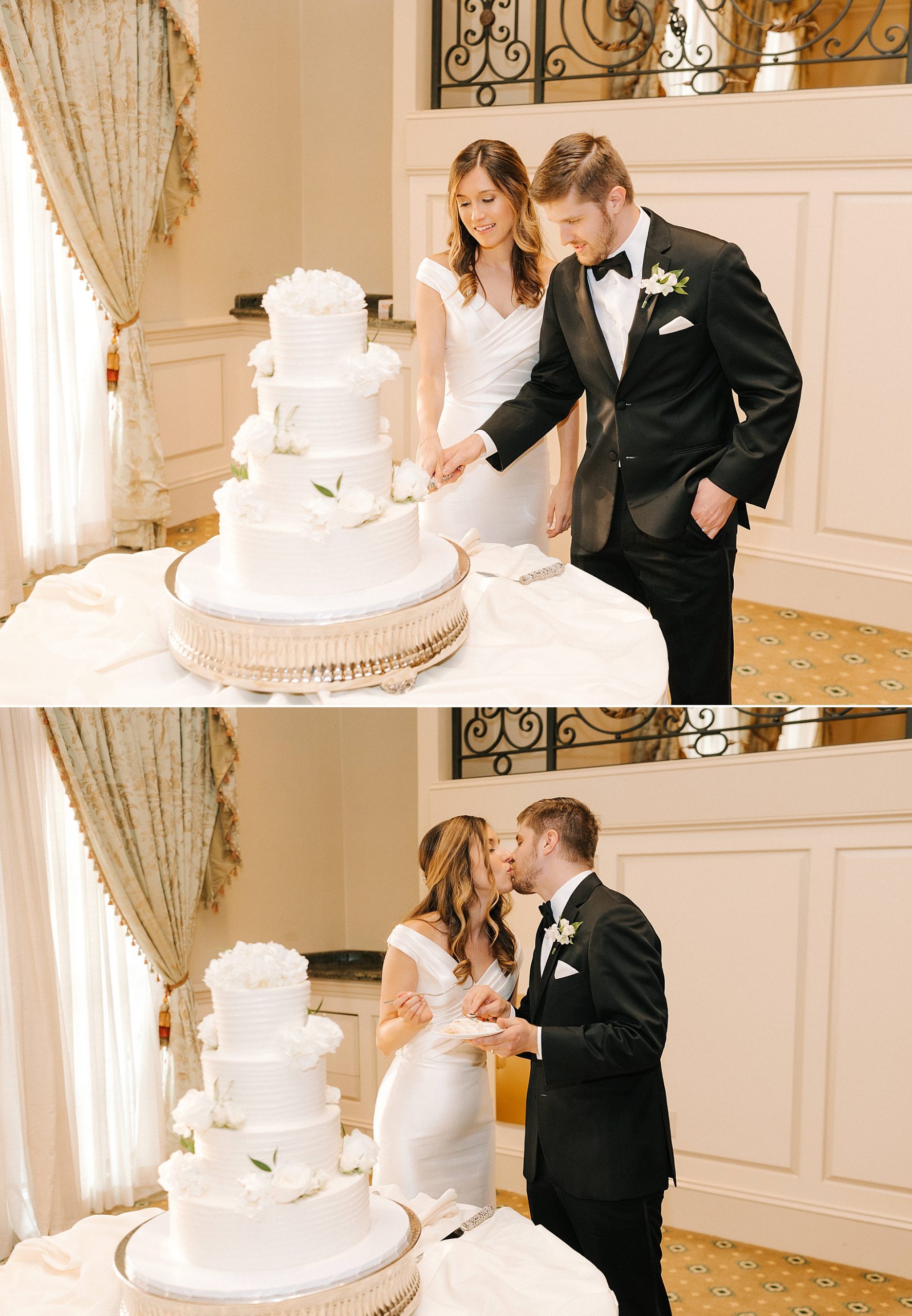 newlyweds cut wedding cake at Prestonwood Country Club