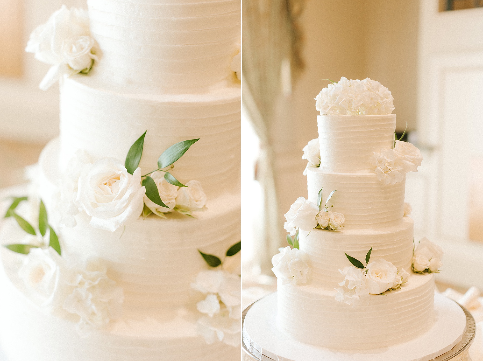 tiered wedding cake with white flowers at Prestonwood Country Club