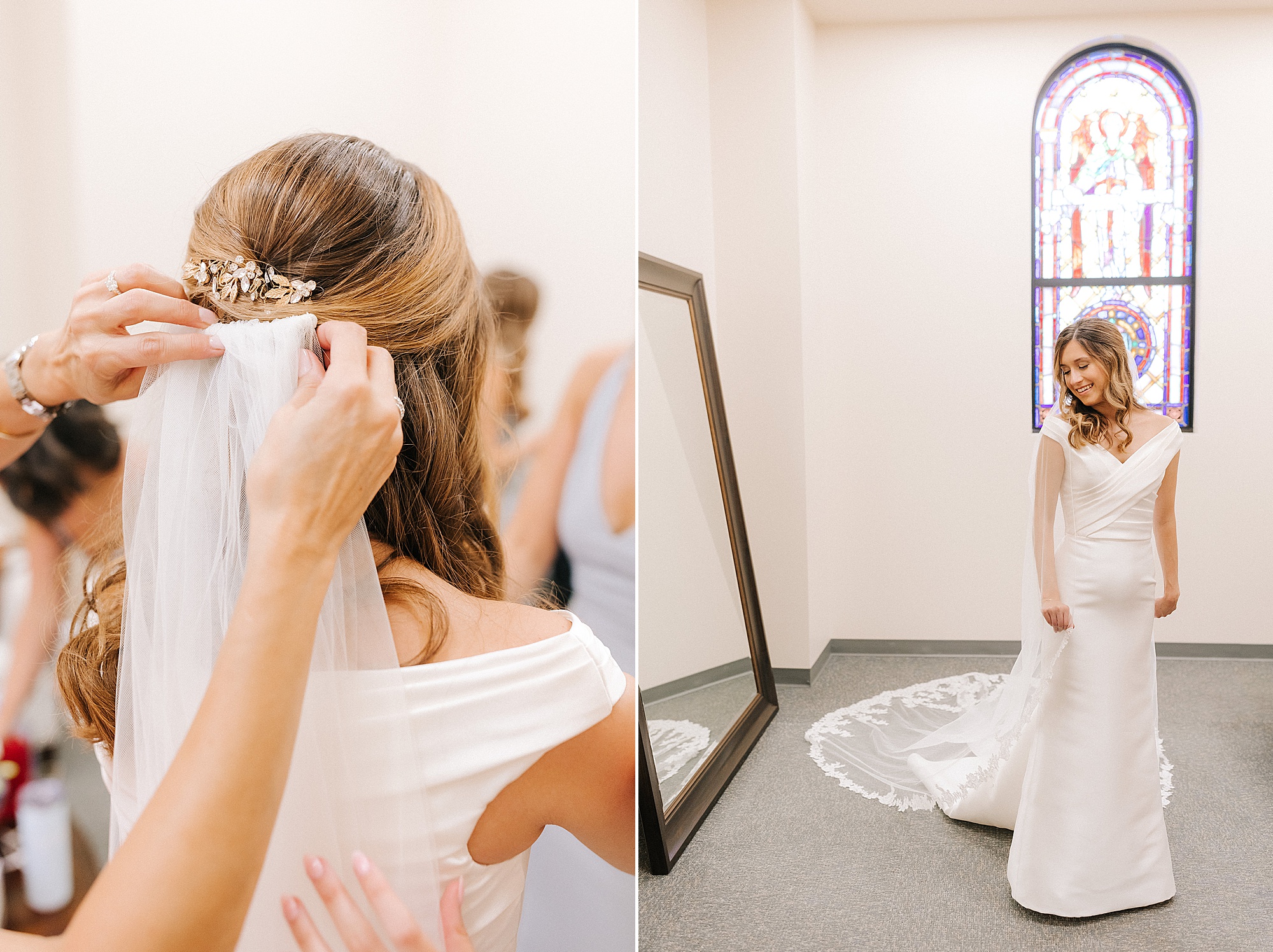 bride has veil put in before Raleigh NC wedding