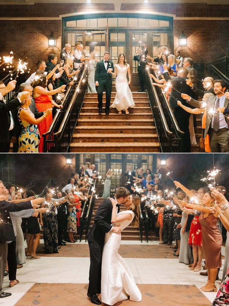 newlyweds kiss during sparkler exit in Raleigh NC