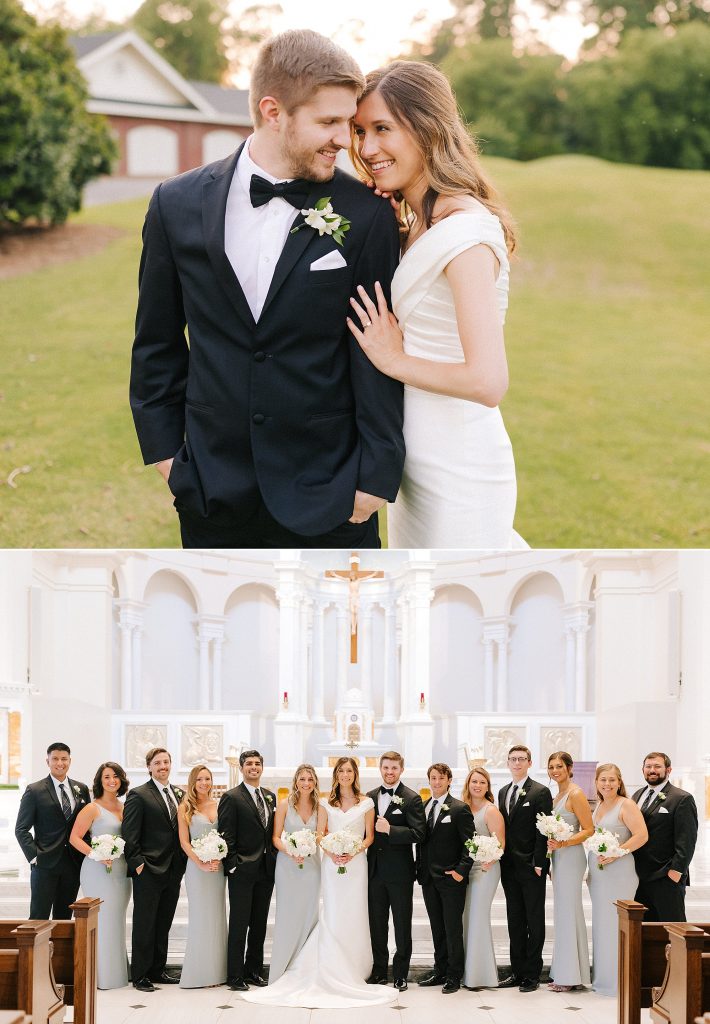 bride and groom pose with wedding party at Prestonwood Country Club