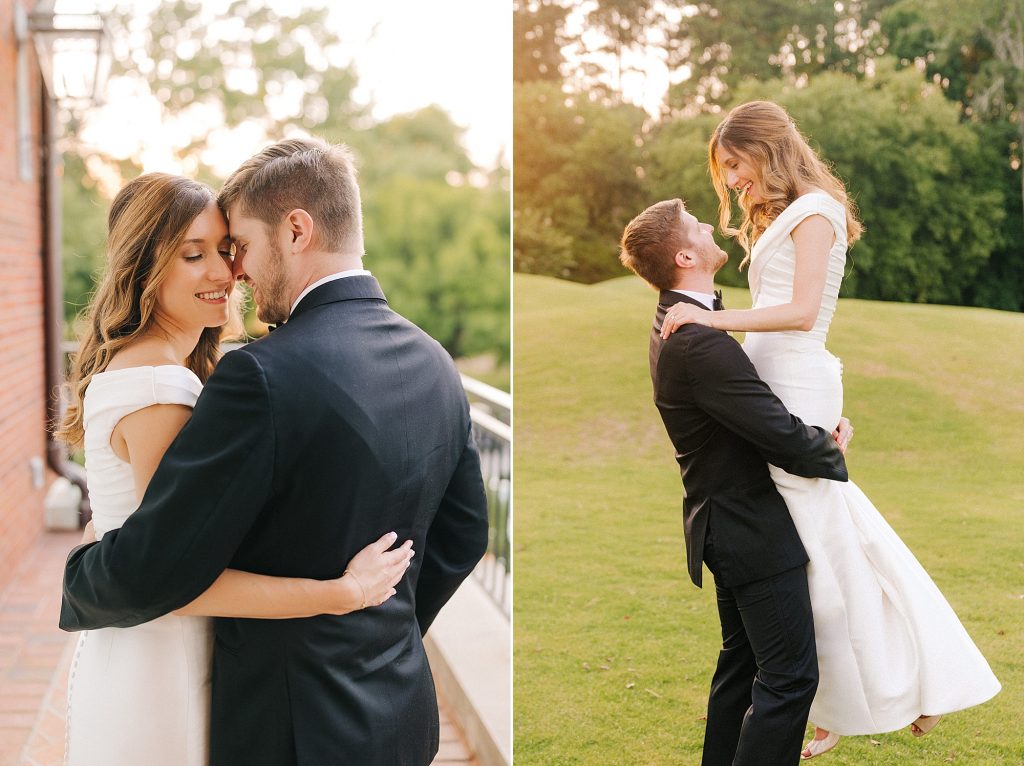 groom lifts bride during NC wedding portraits at sunset 