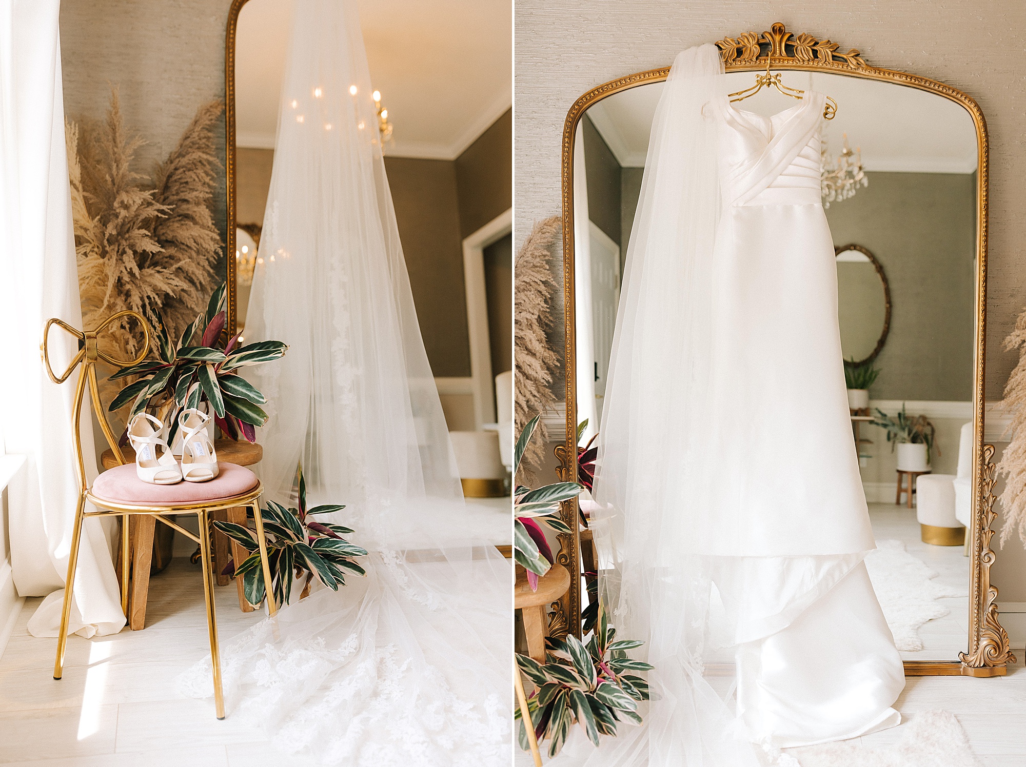 wedding veil and dress hangs n mirror before Raleigh NC wedding
