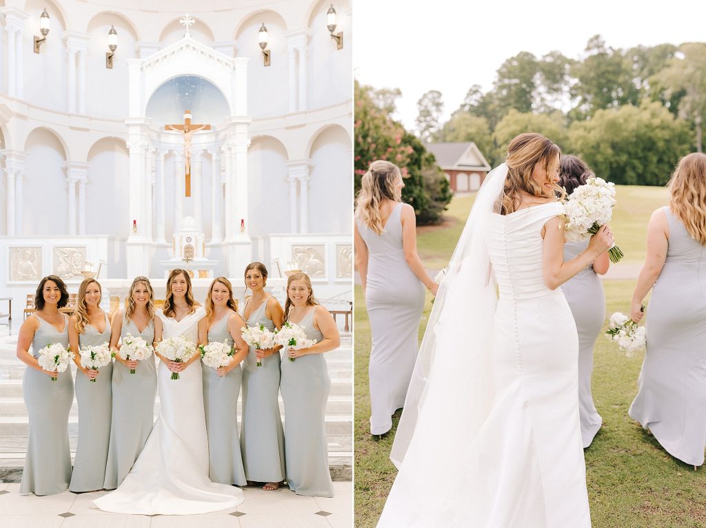 bride poses with bridesmaids in Raleigh NC church 