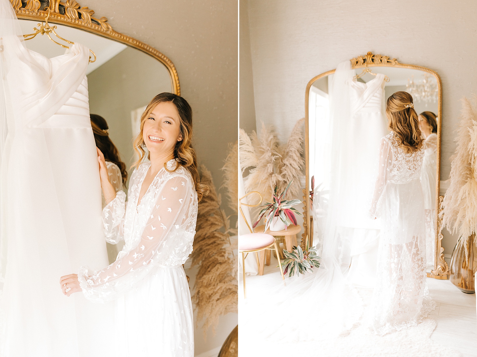 bride looks at wedding gown on mirror before Raleigh NC wedding