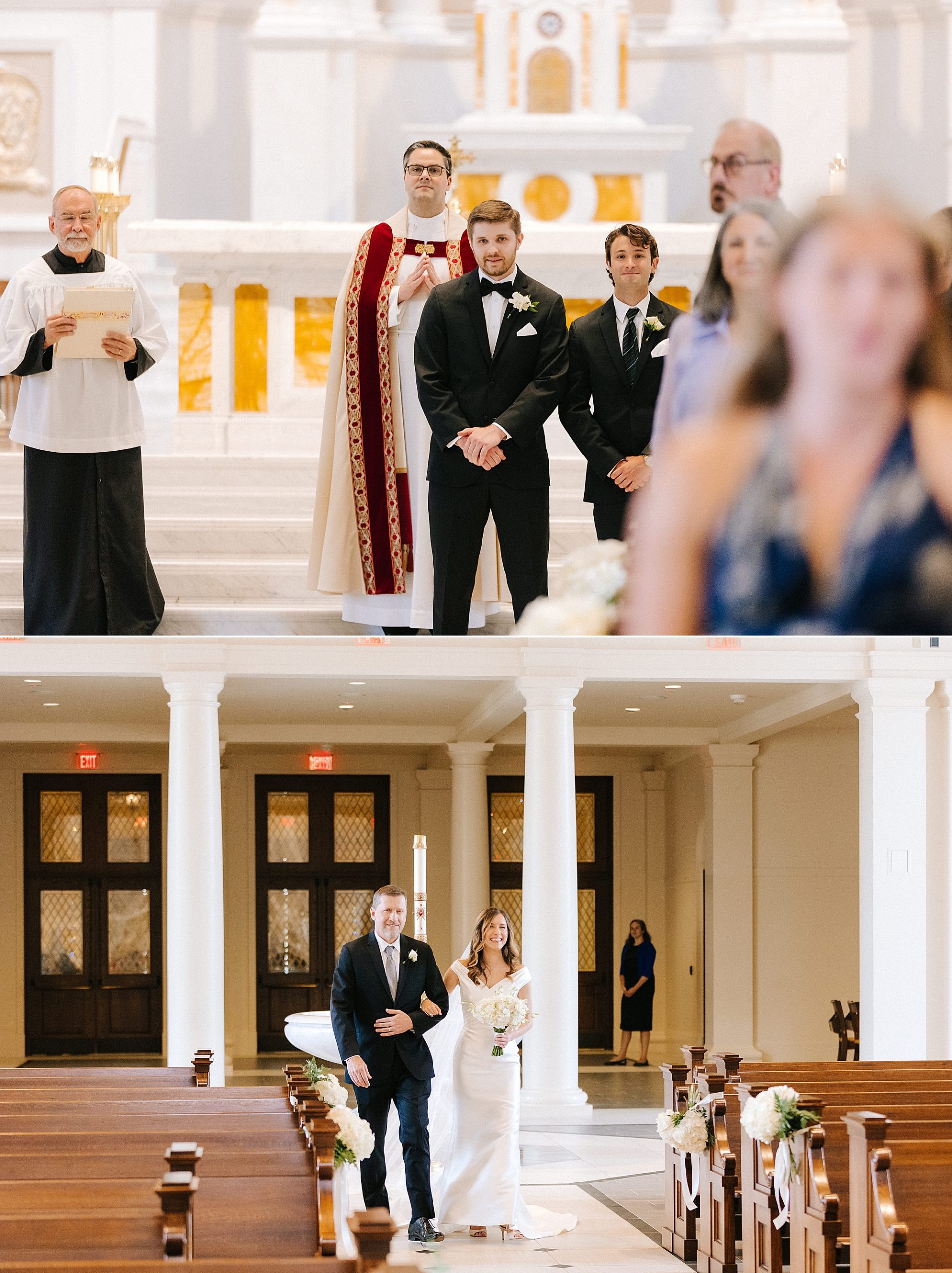 groom watches bride walk down aisle for traditional church wedding in Raleigh NC
