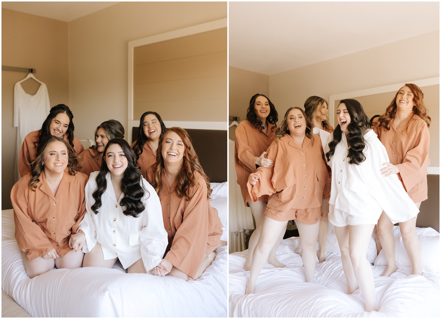 Bride and her friends jump on the bed on her wedding day in Tampa, FL