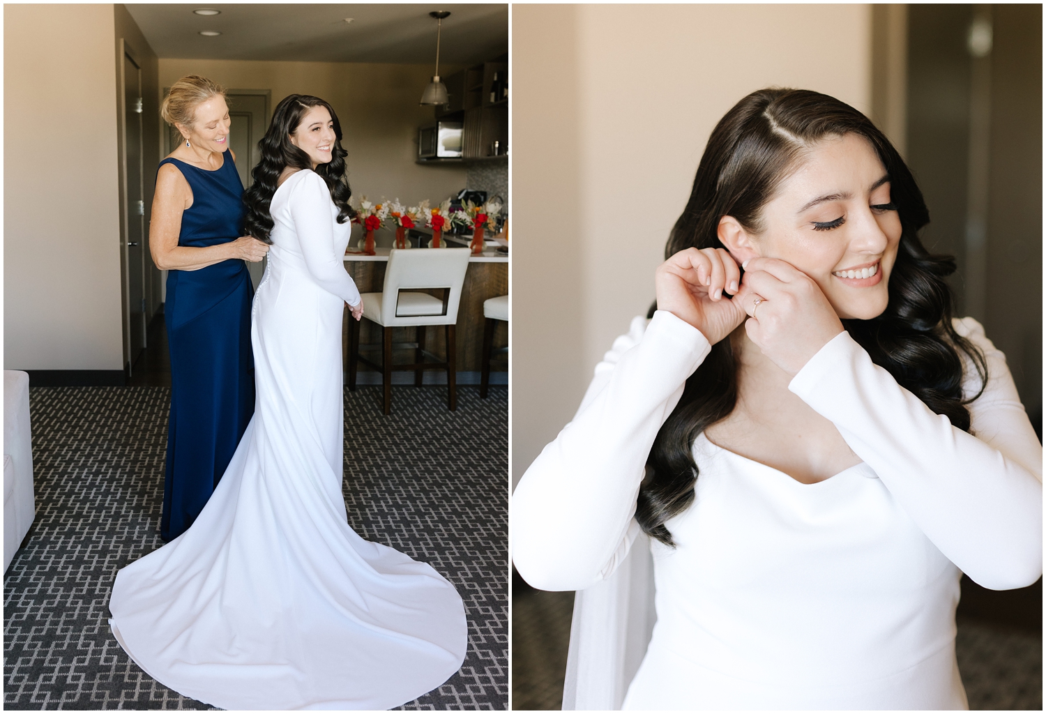 Bride and her mother get ready together on wedding day