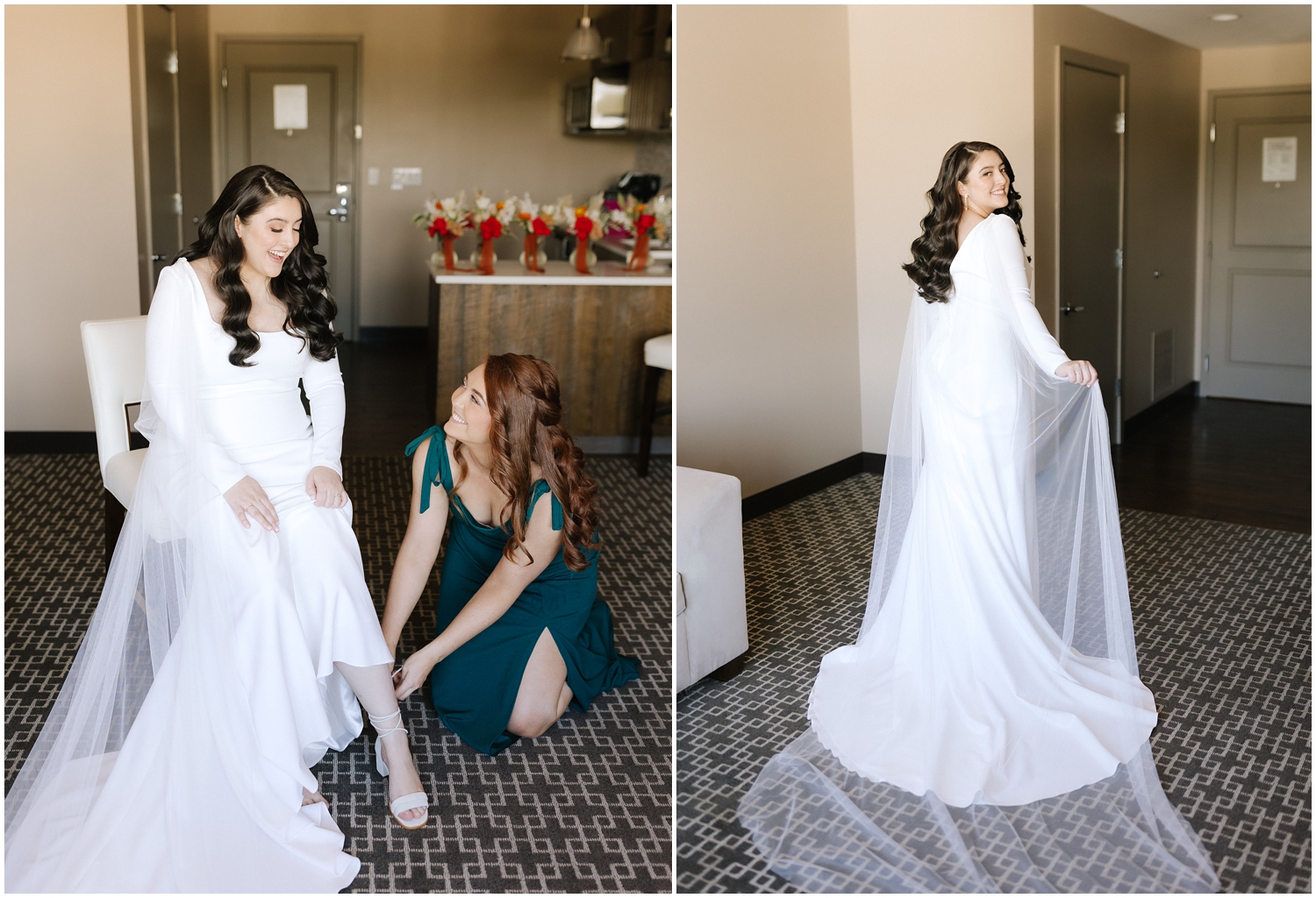 Sister helps bride put on her wedding shoes on her Wedding day in Tampa, FL