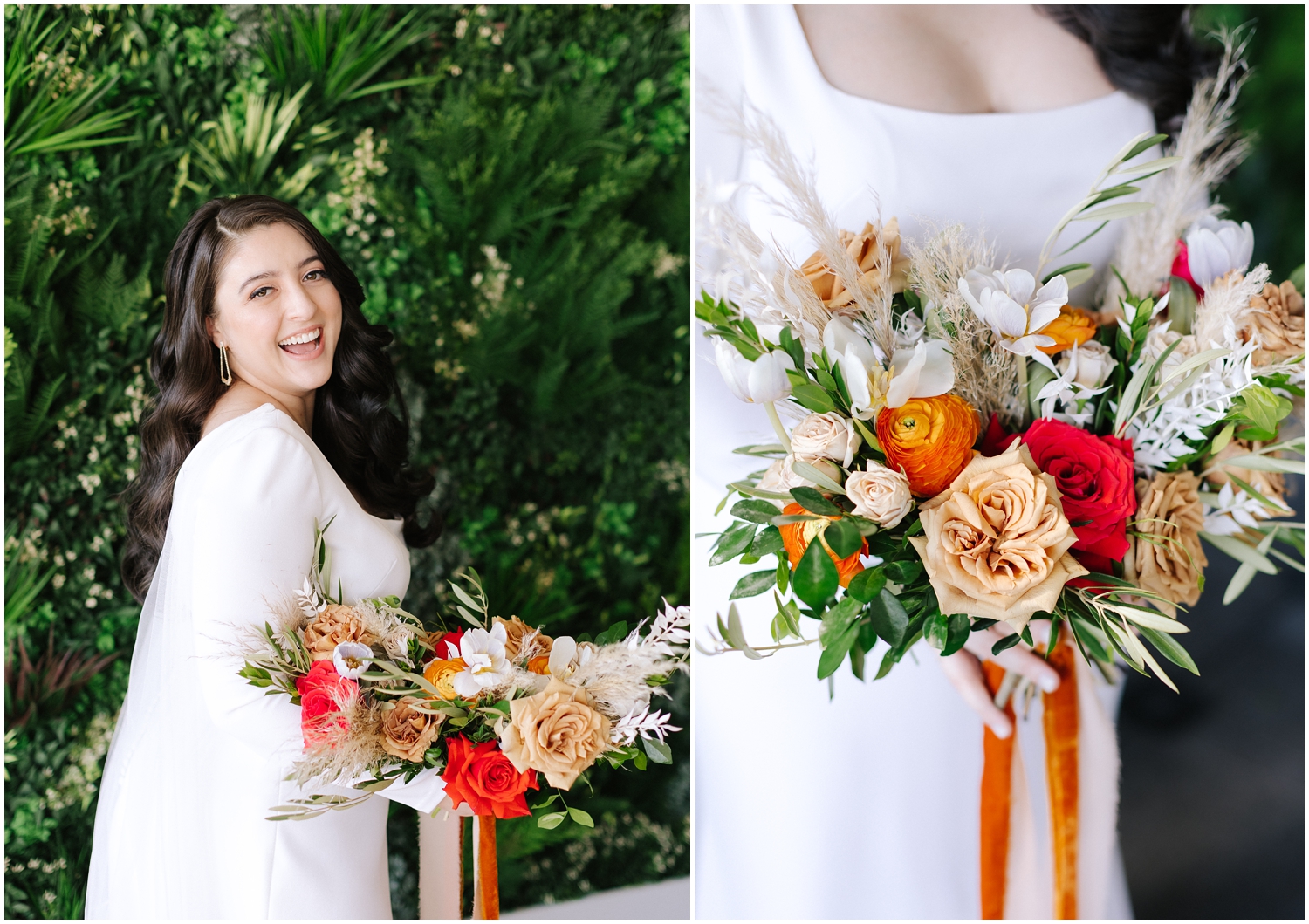 Bride smiling at the camera holding her florals on wedding day