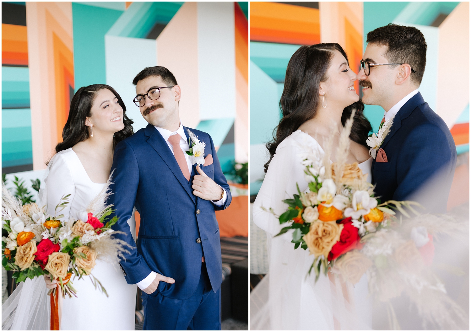 Couple stands in front of a colorful wall on their wedding day in Tampa, FL