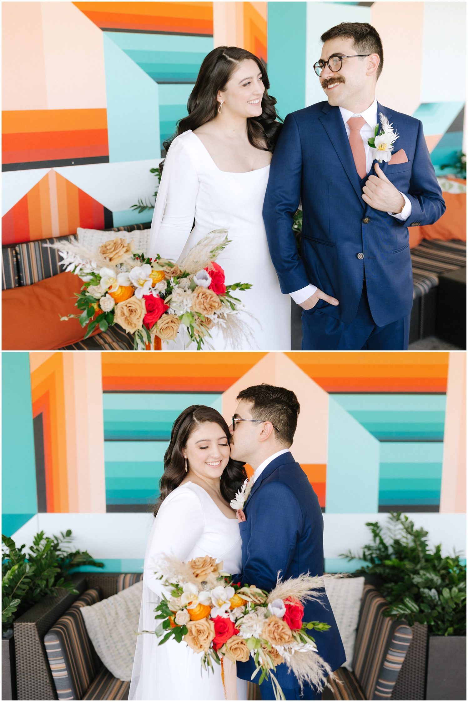 Couple stands in front of a colorful wall on their wedding day in Tampa, FL