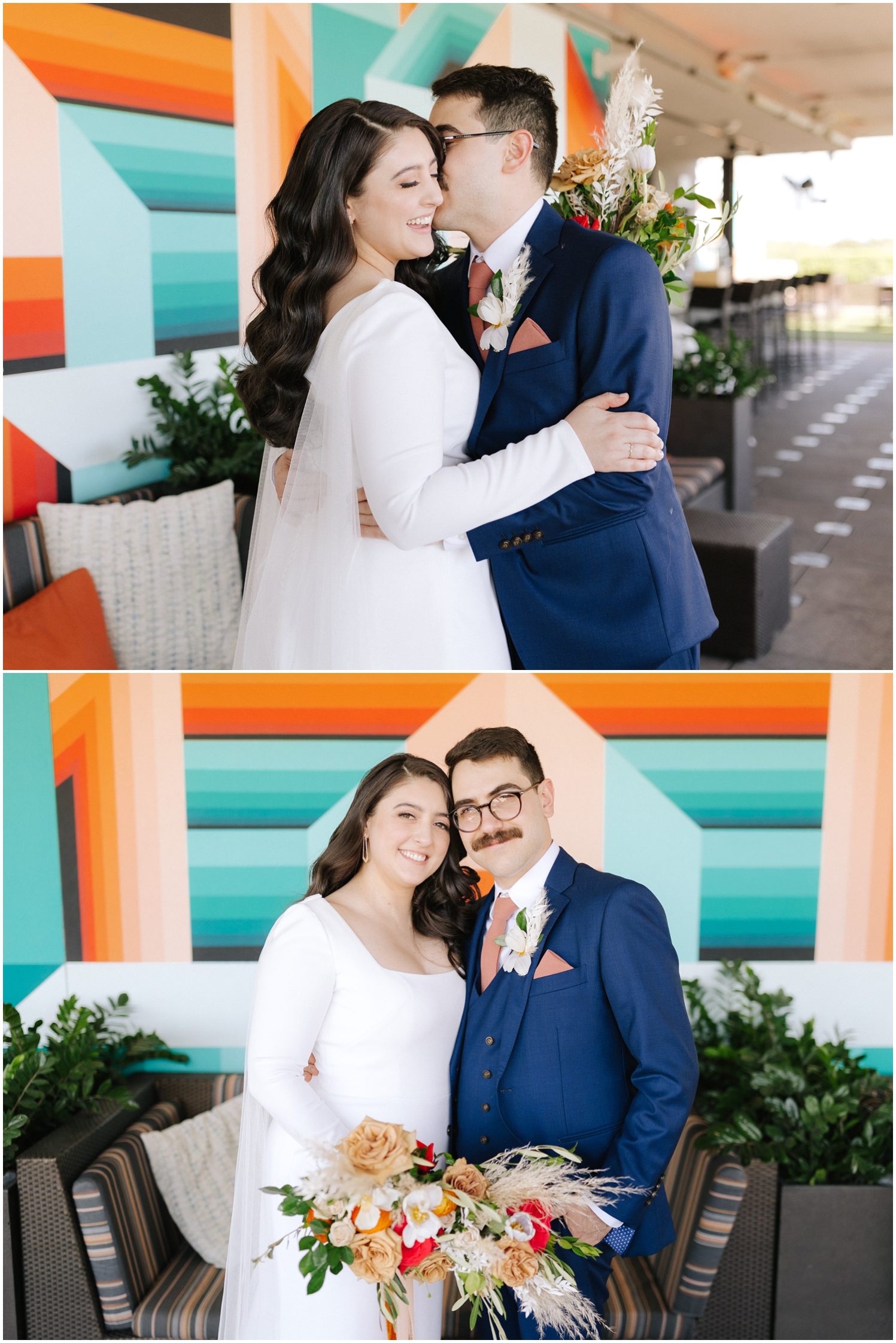Couple smiles at the camera in front of a colorful mural on their wedding day in Tampa, FL