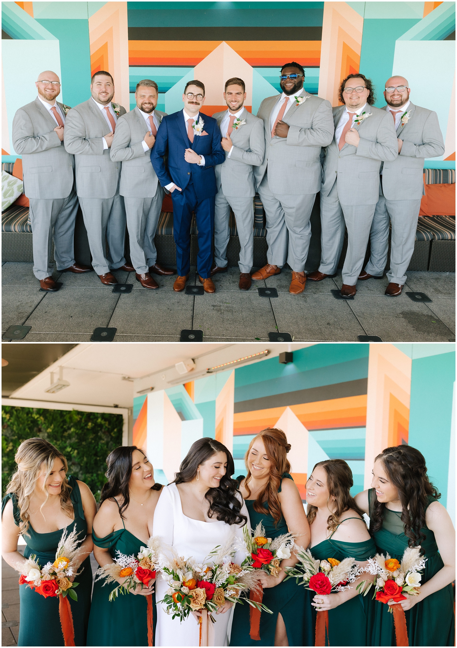 couple poses with their wedding party in front of a colorful wall in Tampa, FL