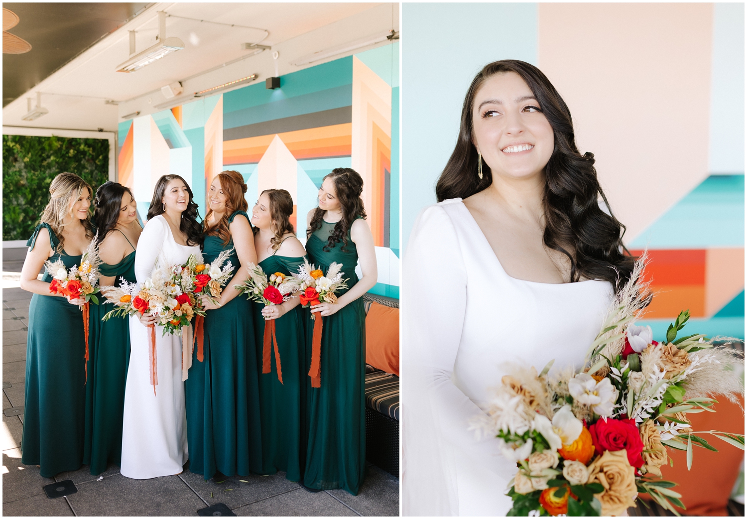 bride poses with their wedding party in front of a colorful wall in Tampa, FL