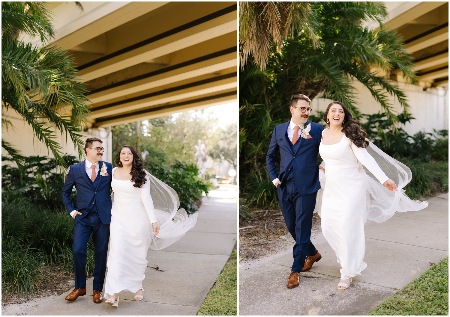 candid image of a couple walking together on their wedding day in South Tampa, FL