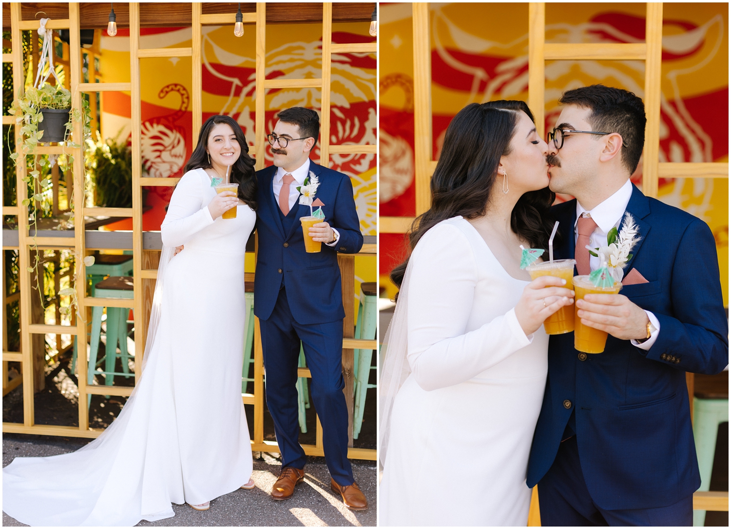 couple shares a tea on their wedding day in Tampa, FL