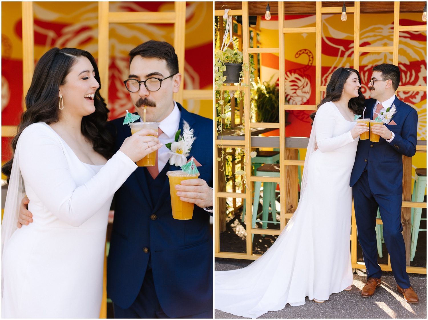 couple shares a tea on their wedding day in Tampa, FL