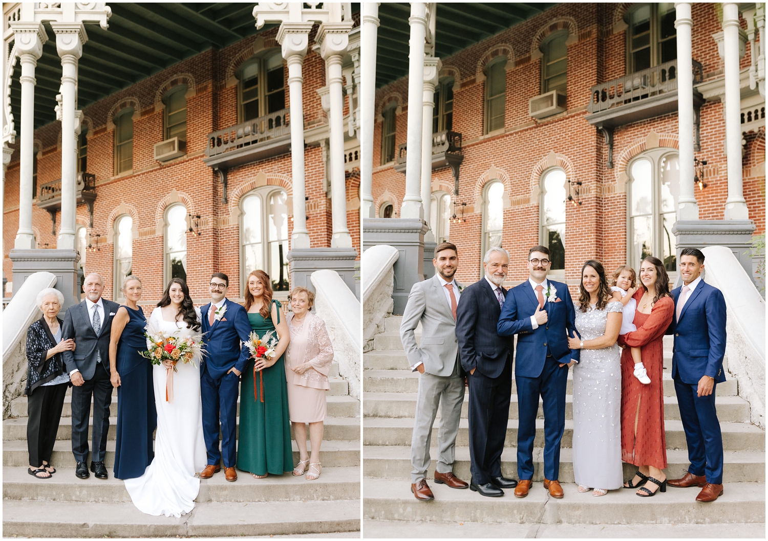 Couple poses with their family in Tampa on their wedding day